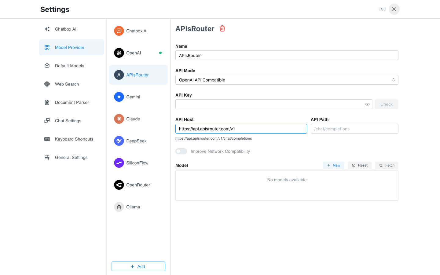 Chatbox-Model-Provider-Einstellungen mit einem Custom APIsRouter-Provider: API Mode OpenAI API Compatible, API Host https://api.apisrouter.com/v1