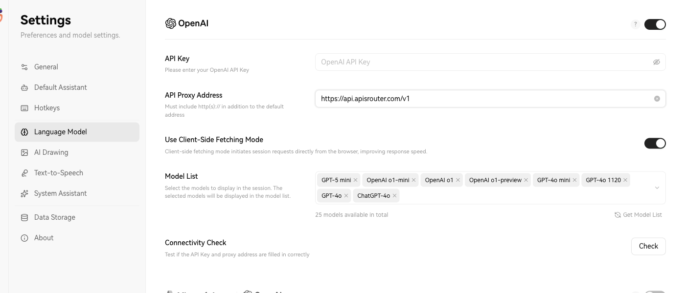LobeChat self-hosted Settings, Language Model tab: the OpenAI provider card with API Proxy Address set to https://api.apisrouter.com/v1, model list chips, and the Connectivity Check button