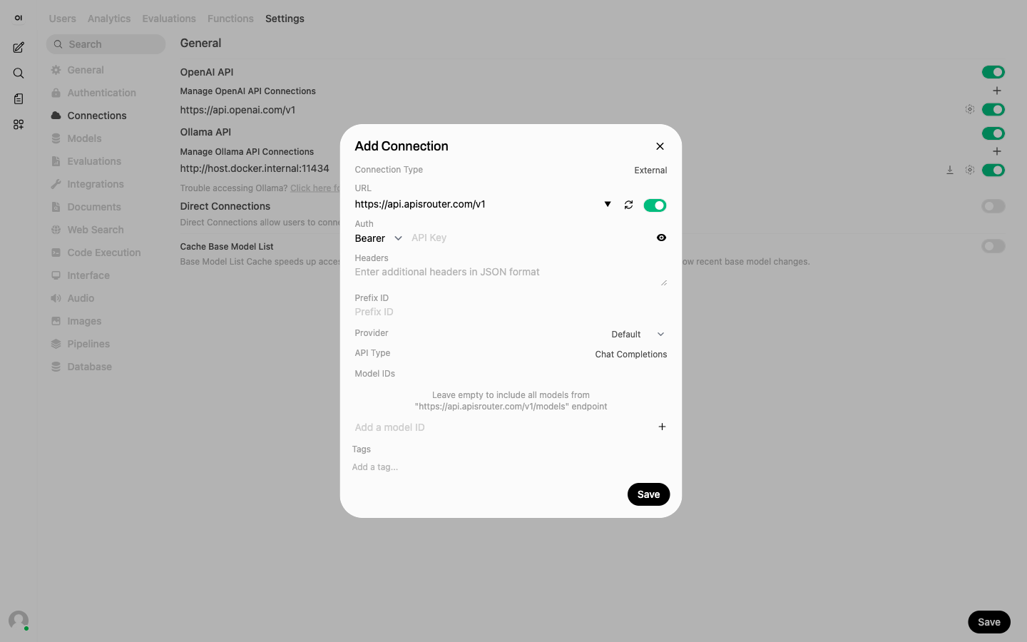 Open-WebUI-Admin-Settings-Connections-Seite mit geöffnetem Add-Connection-Dialog: URL gesetzt auf https://api.apisrouter.com/v1, Bearer-Auth ausgewählt und der Model-IDs-Hinweis zeigt automatisch über den /v1/models-Endpoint erkannte Modelle