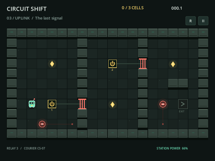 Circuit Shift sector three at 720 by 540 with the entire room, cell counter, timer, restart and pause controls, and station-power status visible.