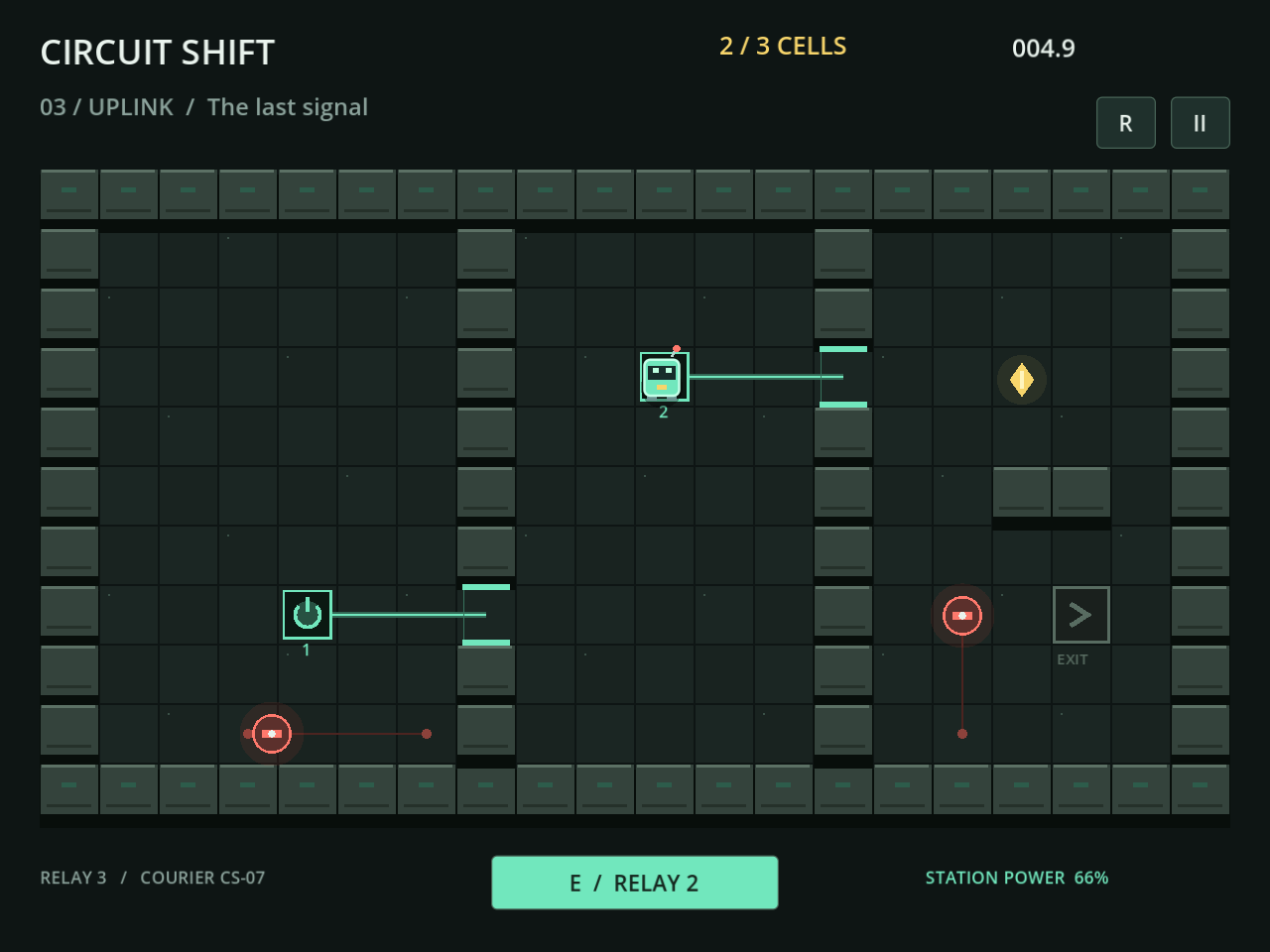 Circuit Shift sector three with two activated numbered relays, two open gates, two collected cells, and the courier beside relay two.