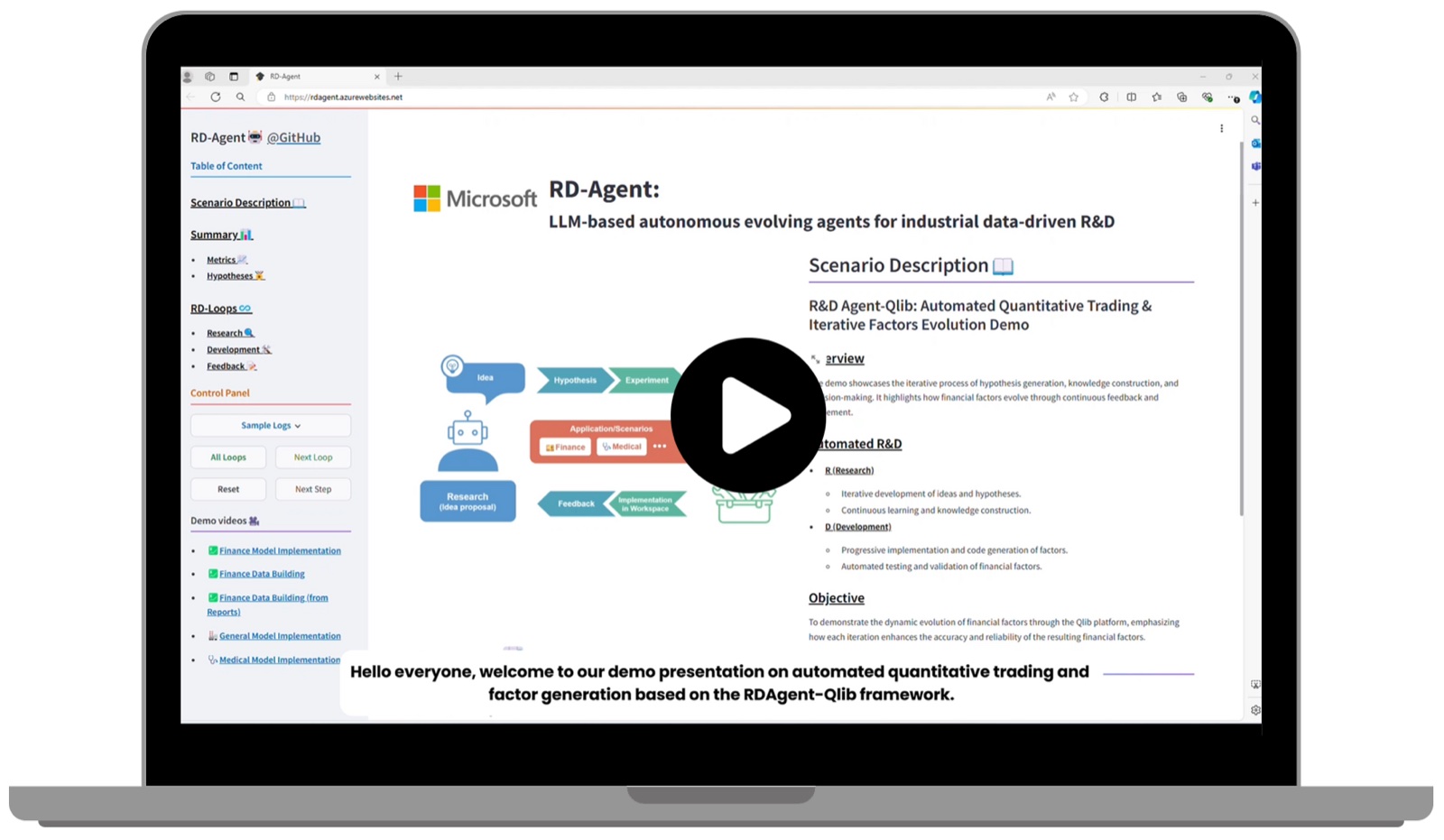 Official RD-Agent demo thumbnail showing its quantitative research interface and iteration workflow.