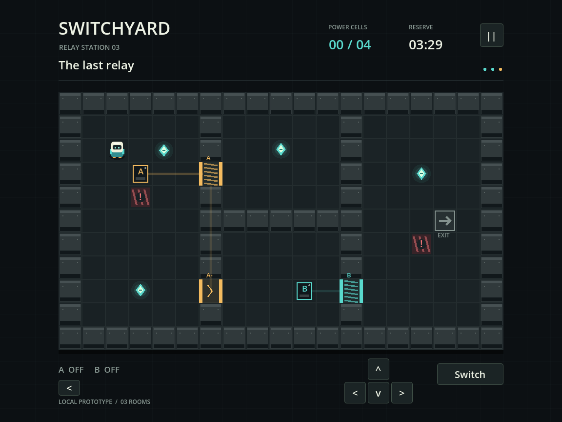 Native Godot render of Switchyard with a player, switches A and B, doors, power cells and an exit.